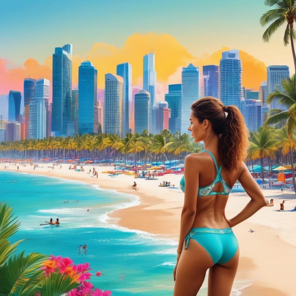 A split image showcasing a vibrant city skyline representing financial growth on one side, and an energetic beach scene with people practicing yoga and fitness in bikinis on the other. Incorporate elements like a credit monitoring app on a smartphone juxtaposed with fitness equipment and healthy snacks. The overall theme should illustrate the connection between fiscal health and wellness in a dynamic and motivational manner. colorful illustration. modern graphic style.