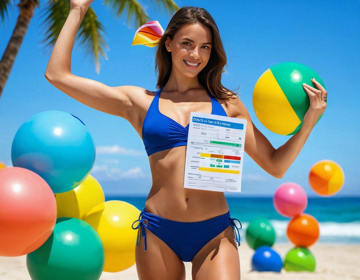 A confident person in a bikini, standing on a sunlit beach, holding a credit score report in one hand and flexing their muscles with the other. Surrounding them are colorful financial charts and tropical elements, like palm trees and beach balls, symbolizing a balance between relaxation and financial savvy. The background features a bright blue sky and gentle waves. This image should convey a sense of empowerment and positivity. vibrant colors. super-realistic.
